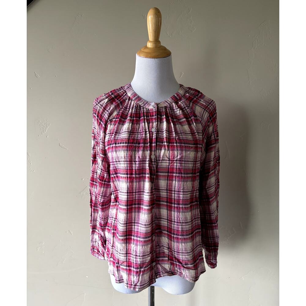 Old Navy Pink Plaid Long Sleeved Button Up Blouse Sz S Teacher Office Casual